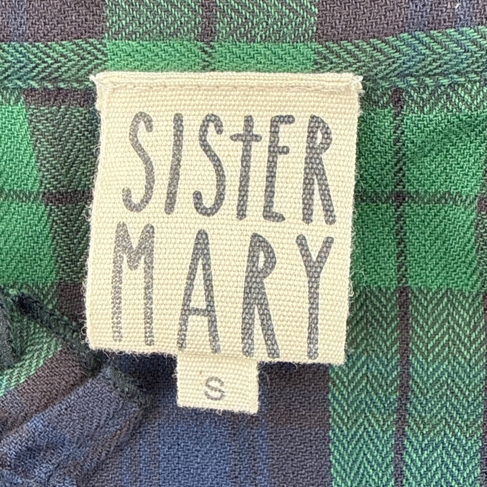 Sister Mary Rosa Plaid Trimmed Shirt Green Navy Ruffled Collar RicRac Size Small - Picture 8 of 12